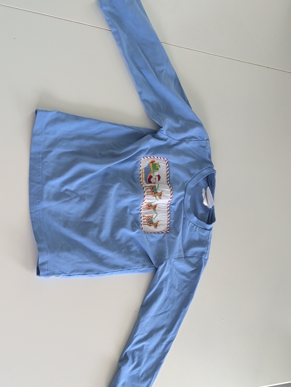 Blue Long Sleeve Kids Tee with Festive Smocked Panel